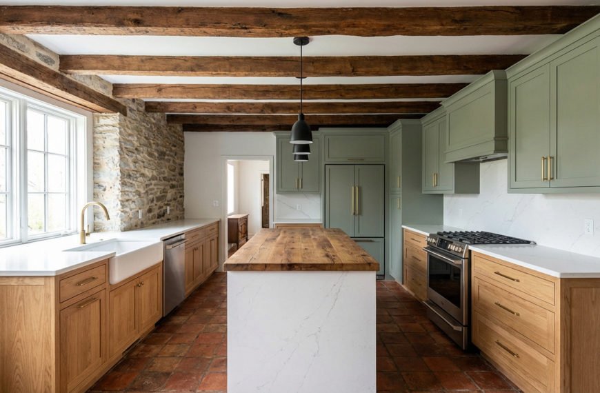 Une Cuisine De Ferme Moderne Avec Des Armoires En Bois Et Vert Sauge, Des Poutres En Bois, Des Murs En Pierre, Un îlot Central, Des Appareils électroménagers En Acier Inoxydable Et Un Sol En Carreaux De Terre Cuite.