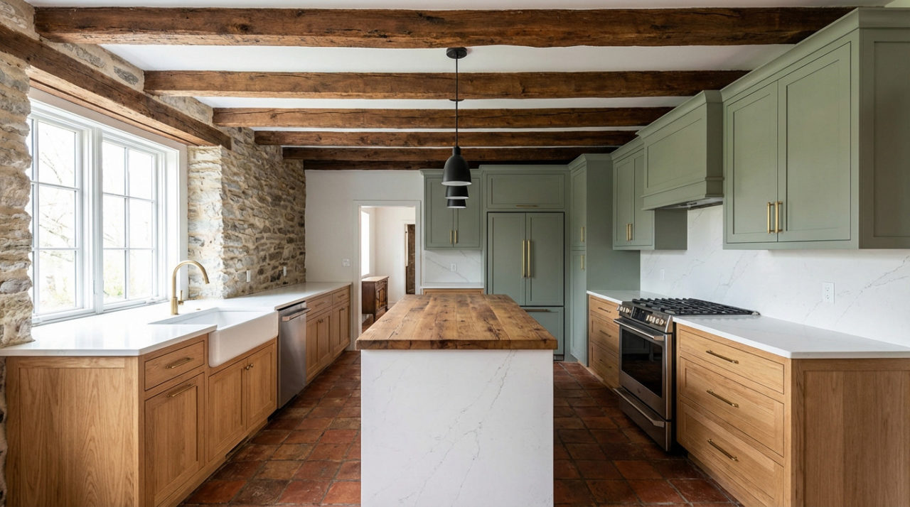 Une Cuisine De Ferme Moderne Avec Des Armoires En Bois Et Vert Sauge, Des Poutres En Bois, Des Murs En Pierre, Un îlot Central, Des Appareils électroménagers En Acier Inoxydable Et Un Sol En Carreaux De Terre Cuite.