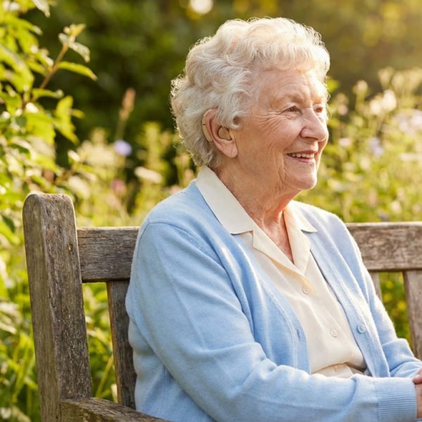 Une Femme âgée Aux Cheveux Blancs Et Vêtue D'un Gilet Bleu Est Assise Sur Un Banc En Bois En Plein Air. Elle Sourit Et Tient La Main D'une Personne Hors Du Cadre.