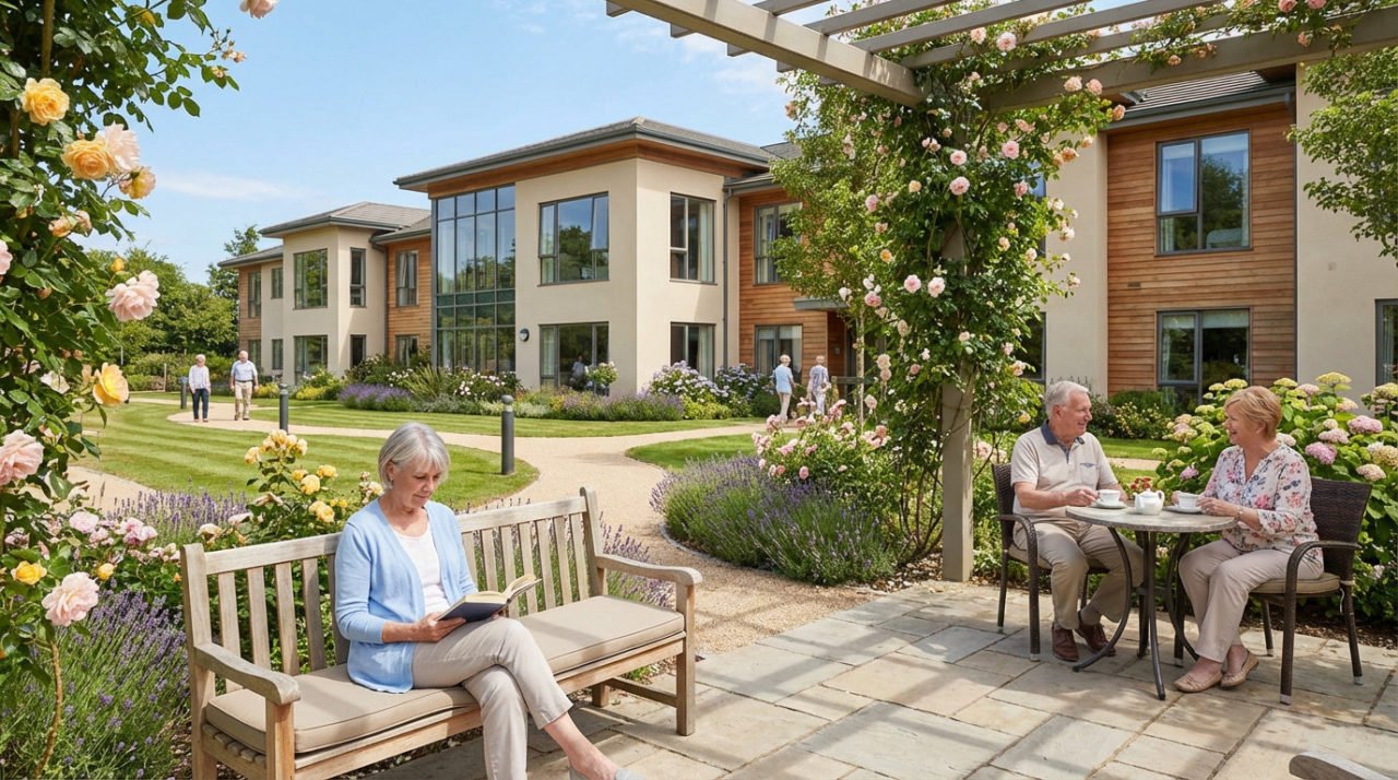 Sunny Day In A Modern Senior Living Community Garden