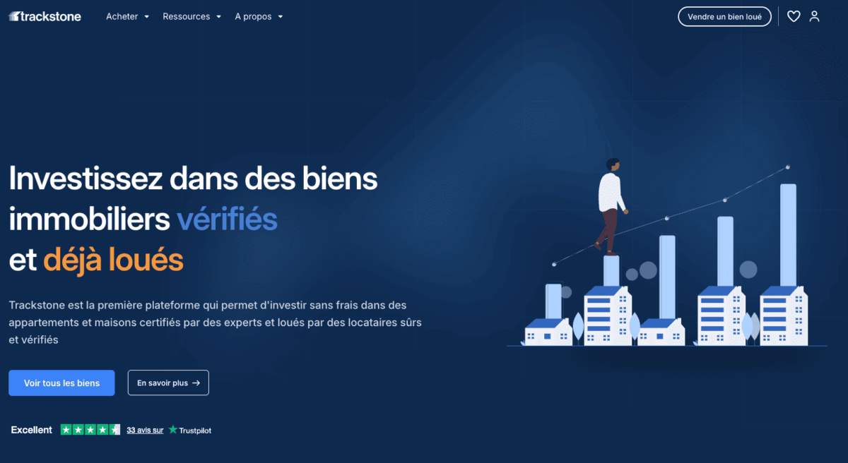 Une Personne En Tenue D'affaires Se Tient Sur Des Barres Ascendantes, Symbolisant La Croissance, Avec Un Texte En Français Promouvant L'investissement Dans Des Biens Immobiliers Vérifiés Et Déjà Loués Par L'intermédiaire De Trackstone.