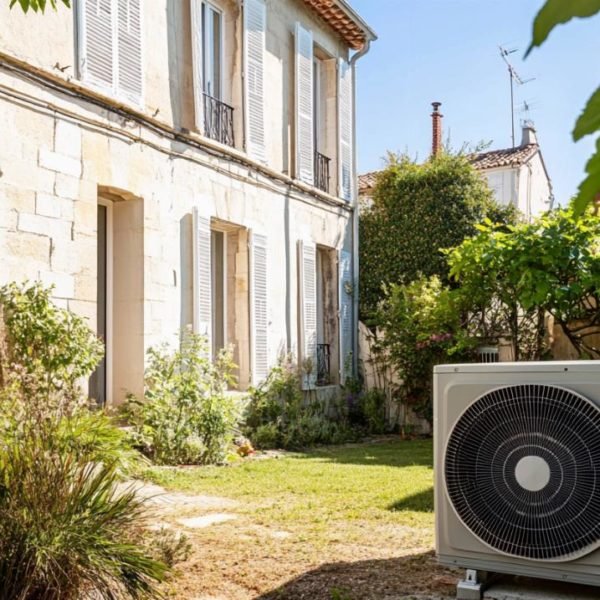 Une Pompe à Chaleur Est Installée Dans Le Jardin D'une Maison En Pierre Aux Volets Blancs, Entourée De Plantes Et De Verdure Par Une Journée Ensoleillée.