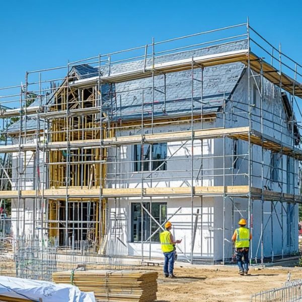 Une Maison De Deux étages En Construction, Entourée D'échafaudages ; Au Premier Plan, Deux Ouvriers Du Bâtiment En Gilet Jaune Et Casque De Chantier.