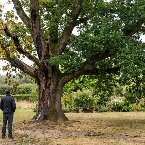 A person views a large tree in a garden; one side shows vibrant green leaves, the other wilting yellow foliage and distressed bark.