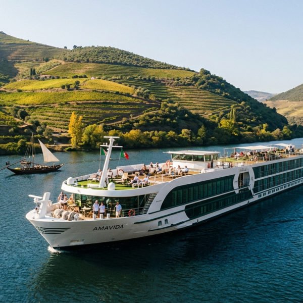 Elegant AmaVida cruise ship on Portugal's Douro River, surrounded by terraced vineyards and a Rabelo boat under a clear sky.