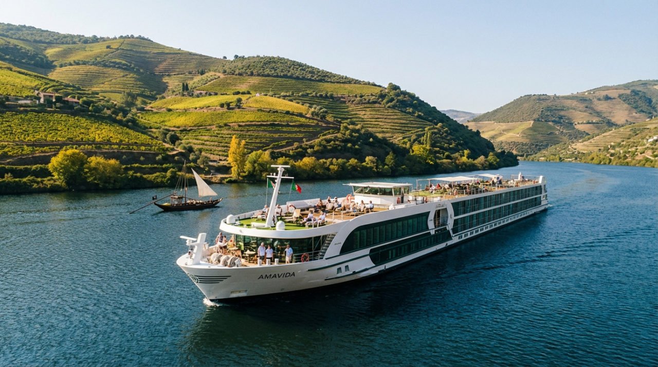 Elegant AmaVida cruise ship on Portugal's Douro River, surrounded by terraced vineyards and a Rabelo boat under a clear sky.