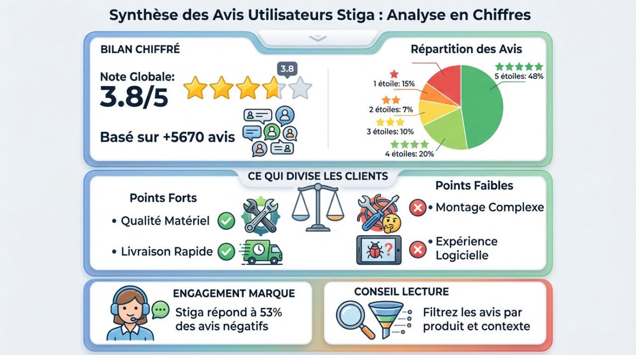 Graphique montrant la répartition des avis clients Stiga et les tendances de satisfaction