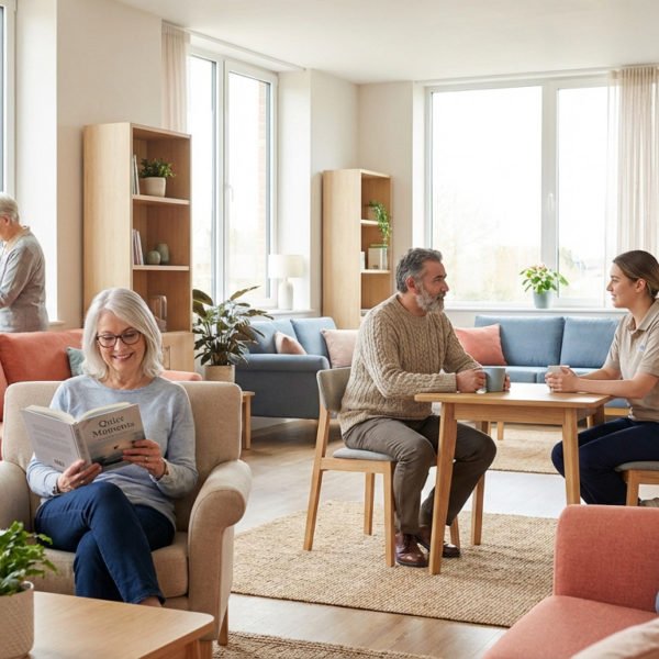 Espaço comunitário acolhedor com idosos. Mulher lê, homem conversa com cuidadora, outra rega planta. Ambiente moderno com luz natural.