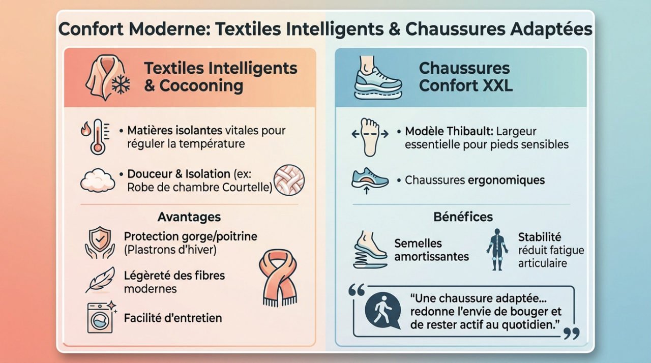 Sélection de vêtements en tissu Courtelle et chaussures ergonomiques pour le confort des seniors