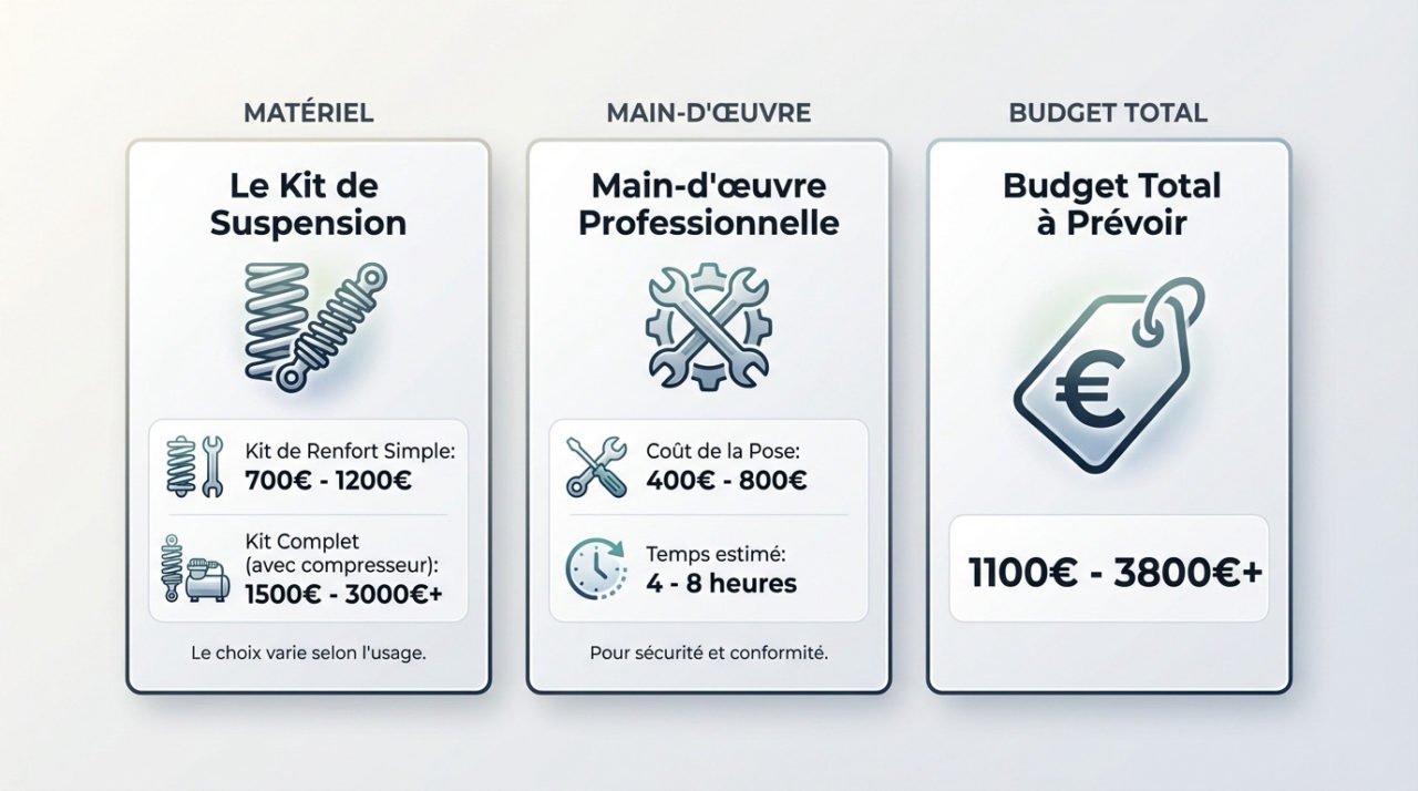 Atelier mécanique installant une suspension pneumatique sur un camping-car Fiat Ducato sur un pont élévateur