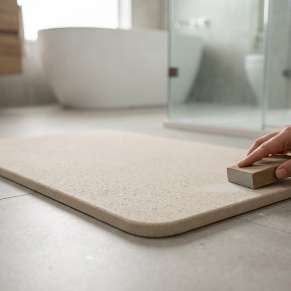 A hand gently sands a beige diatomite bath mat on a light grey bathroom floor, implying maintenance. Minimalist background.