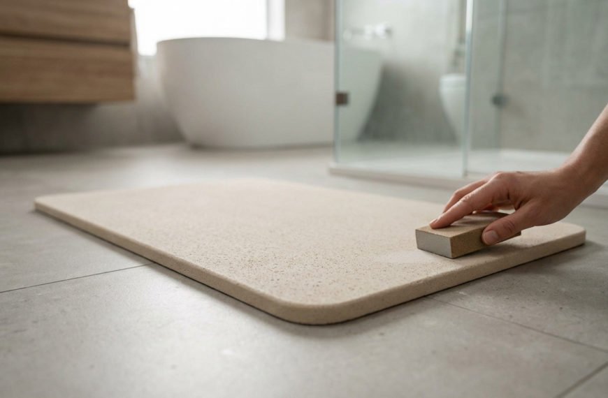 A hand gently sands a beige diatomite bath mat on a light grey bathroom floor, implying maintenance. Minimalist background.