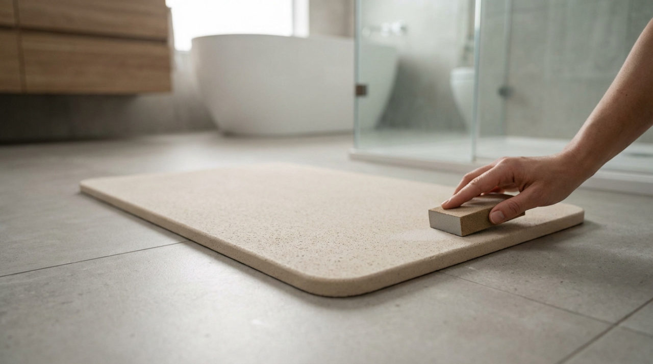 A hand gently sands a beige diatomite bath mat on a light grey bathroom floor, implying maintenance. Minimalist background.