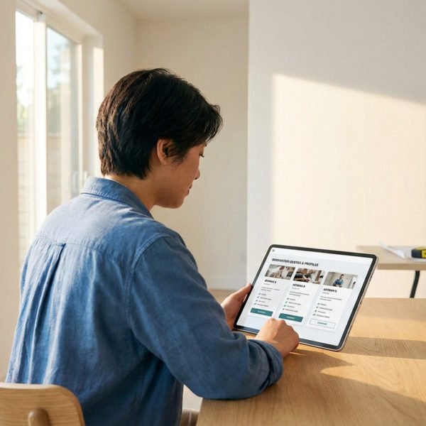 Homeowner uses a tablet to compare renovation quotes and profiles. A contractor works on a wall in the background of a bright, modern home.