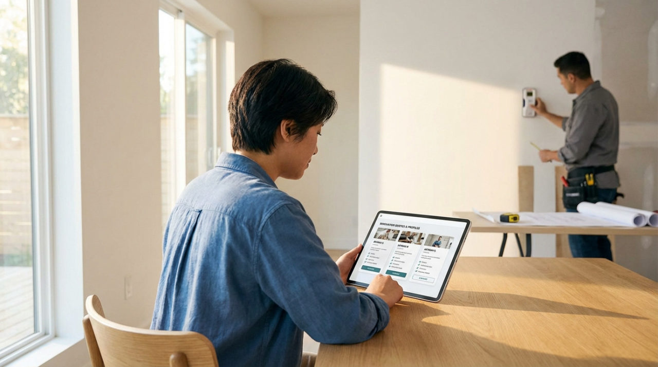 Homeowner uses a tablet to compare renovation quotes and profiles. A contractor works on a wall in the background of a bright, modern home.