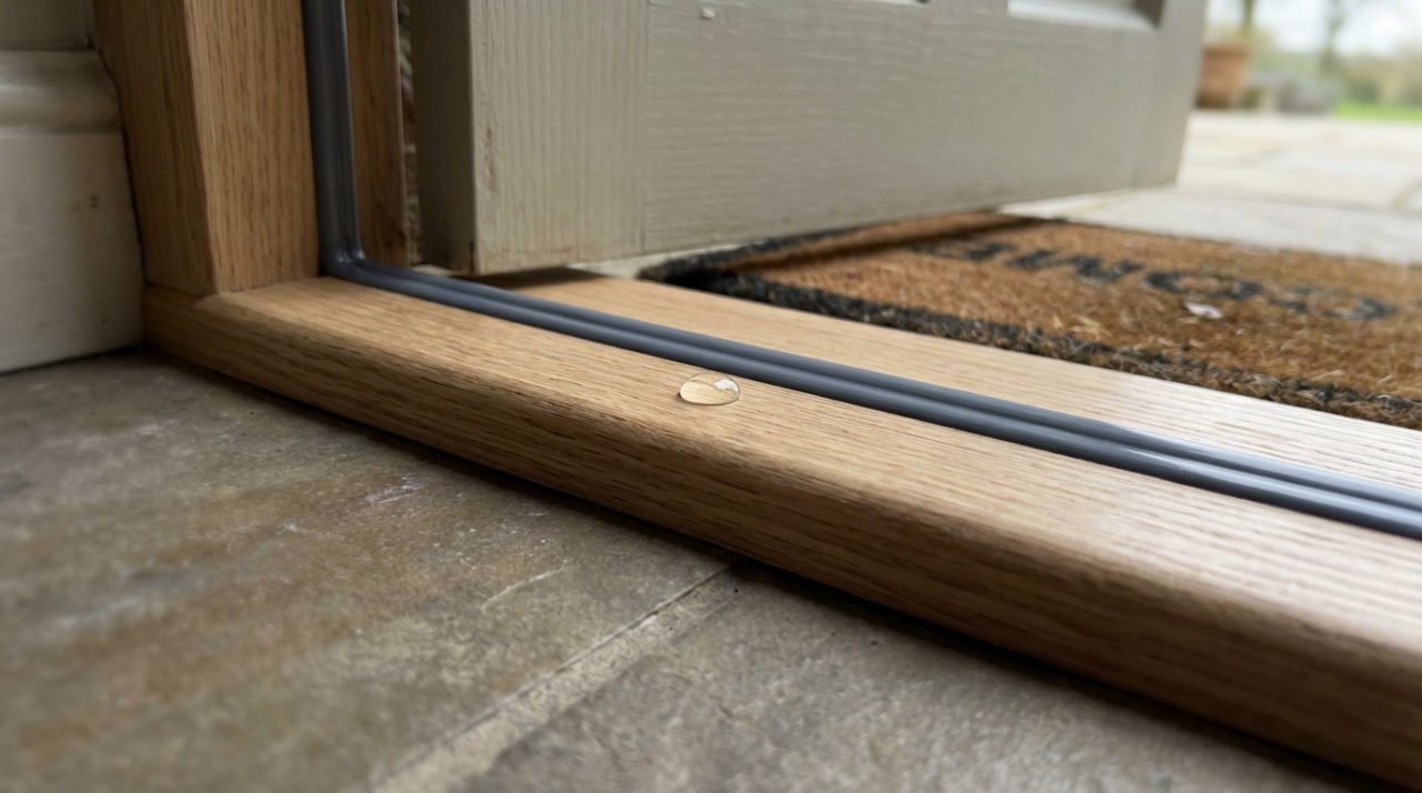 Close-up of a new wooden door threshold with a dark gray sealant and a water bead, highlighting weather protection and quality.