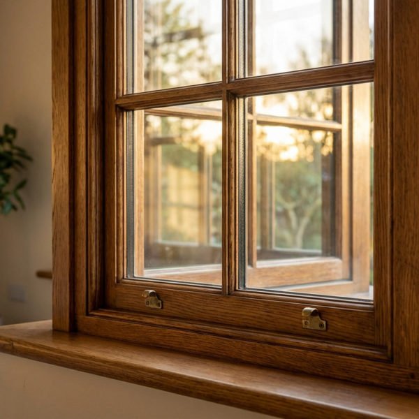Close-up of a beautifully restored, warm-toned wooden window frame with new, clear double glazing, reflecting soft golden sunlight from a garden. Interior shows cozy plant and sofa.