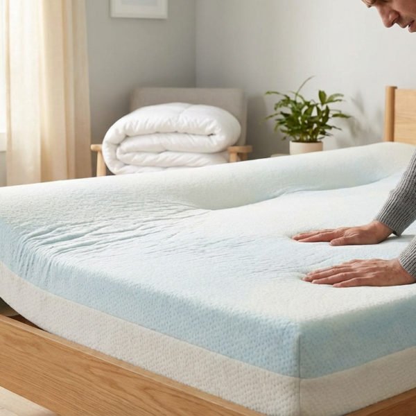 Hands press a partially unrolled, stubbornly flat foam mattress on a bed frame in a bright bedroom, hinting at expansion struggles.
