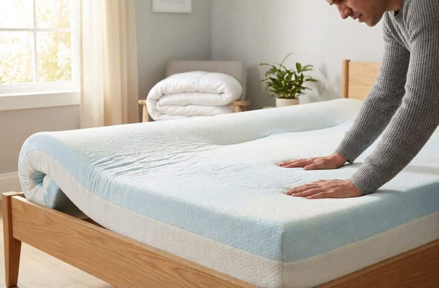 Hands press a partially unrolled, stubbornly flat foam mattress on a bed frame in a bright bedroom, hinting at expansion struggles.