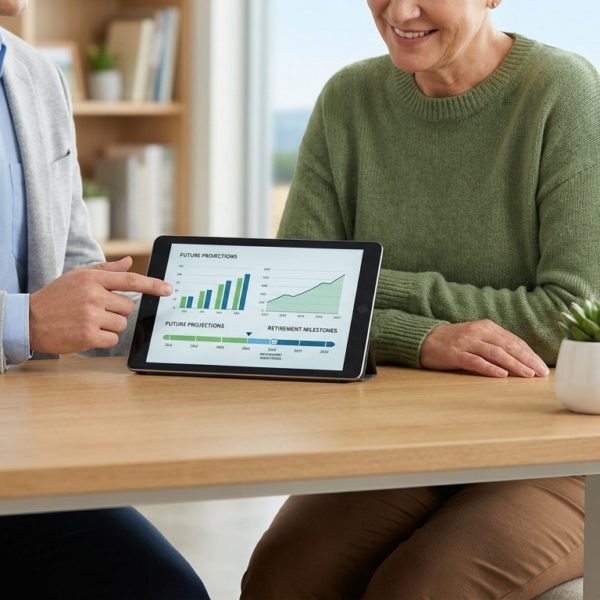 Deux Personnes Sont Assises à Une Table Et Regardent L'écran D'une Tablette Qui Affiche Des Graphiques à Barres Et Des Graphiques Linéaires Intitulés "projections Futures".