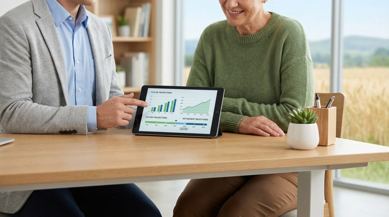 Deux Personnes Sont Assises à Une Table Et Regardent L'écran D'une Tablette Qui Affiche Des Graphiques à Barres Et Des Graphiques Linéaires Intitulés "projections Futures".