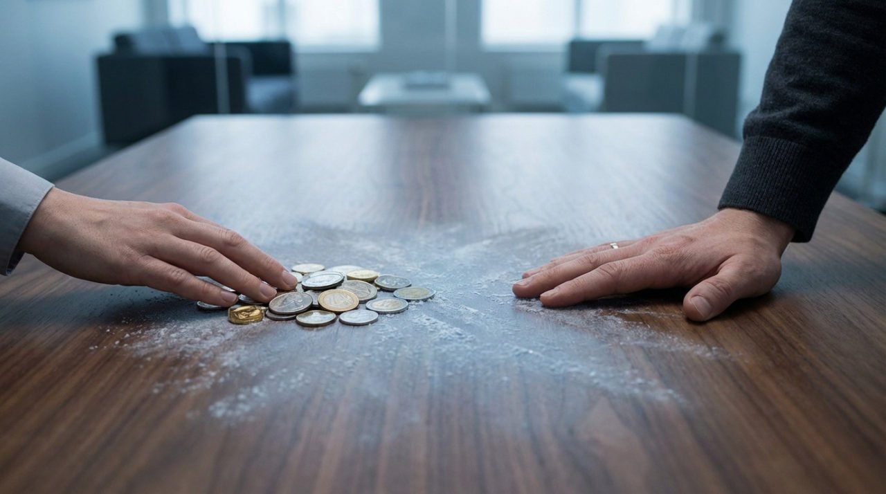 Two hands on a wooden table. One pushes coins away, the other rests flat, conveying a financial freeze or disagreement amidst an icy effect.
