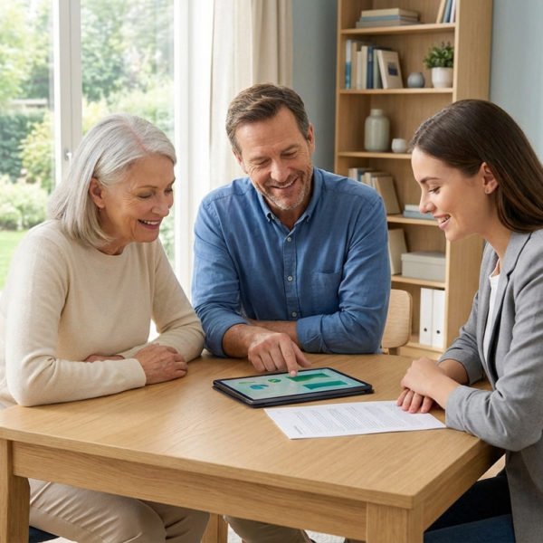 Three smiling individuals, an older woman, a man, and a young advisor, discuss financial matters using a tablet in a bright, modern room.