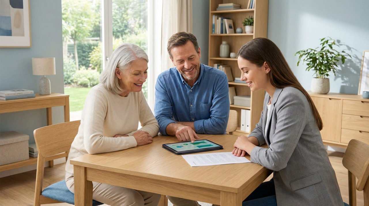 Three smiling individuals, an older woman, a man, and a young advisor, discuss financial matters using a tablet in a bright, modern room.