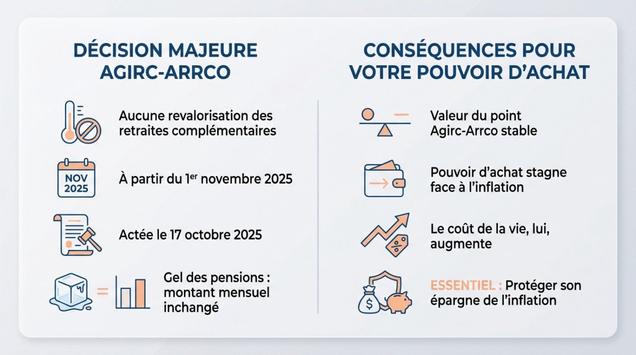 Graphique illustrant le gel des retraites Agirc-Arrco et son impact sur le pouvoir d'achat
