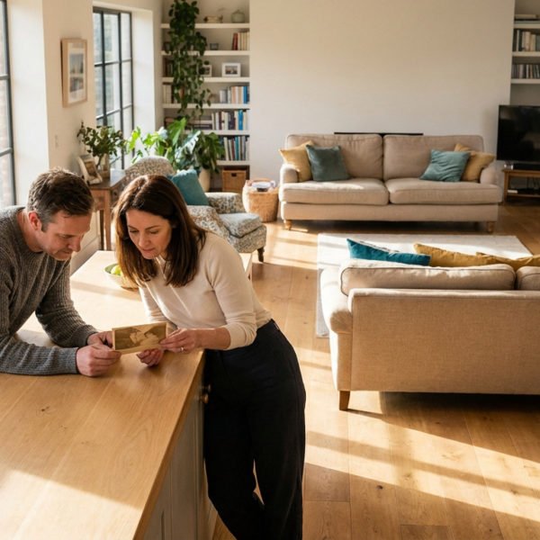 Un Homme Et Une Femme Se Tiennent à Un Comptoir De Cuisine Et Regardent Une Carte Dans Un Salon Spacieux Et Ensoleillé Avec De Grandes Fenêtres, Des Canapés Et Des Plantes D'intérieur.
