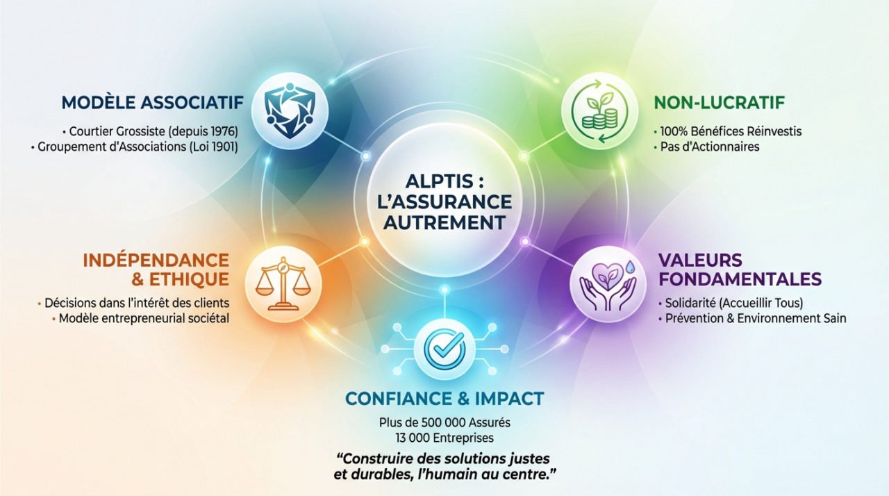 Infographie illustrant le modèle associatif et solidaire d'Alptis