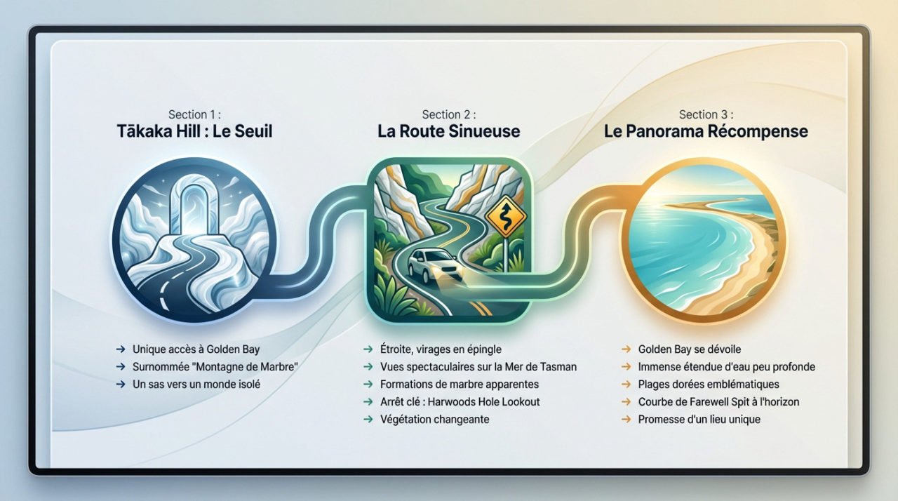 Carte illustrée de la route sinueuse traversant Tākaka Hill vers Golden Bay avec points de vue panoramiques