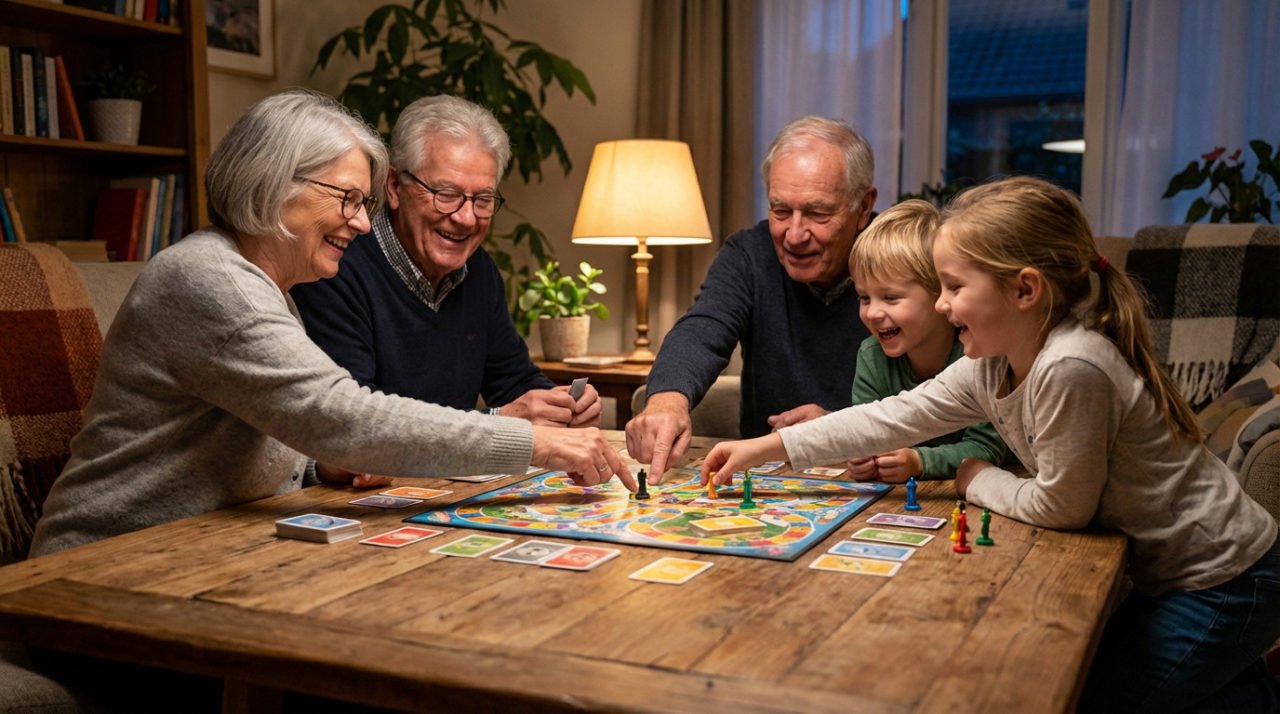 Deux Couples âgés Et Deux Jeunes Enfants Sont Assis Autour D'une Table En Bois Et Jouent à Un Jeu De Société Coloré Dans Un Salon Confortable Et Chaleureusement éclairé.