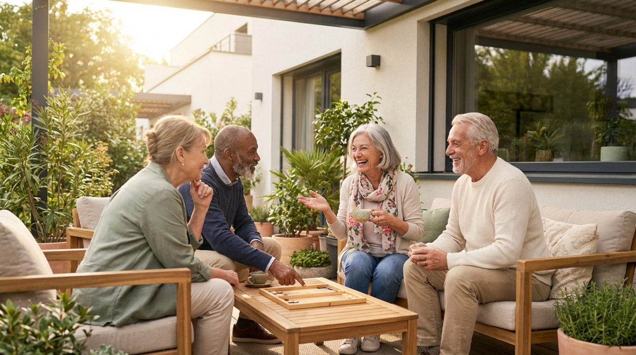 Four diverse seniors laugh while playing a board game on a sunny outdoor patio with lush plants, conveying warmth and companionship.