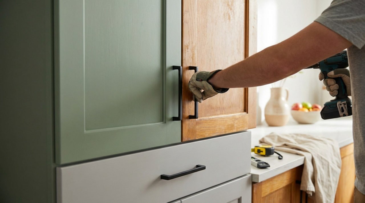 A hand installs a matte black handle on a wooden kitchen cabinet, next to a freshly painted sage green cabinet and grey drawer.