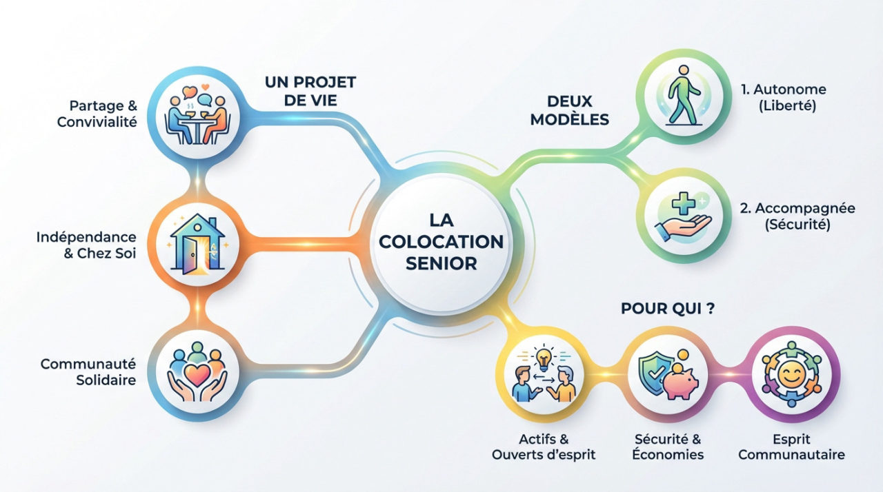 Groupe de seniors souriants partageant un moment convivial dans le salon d'une colocation senior moderne