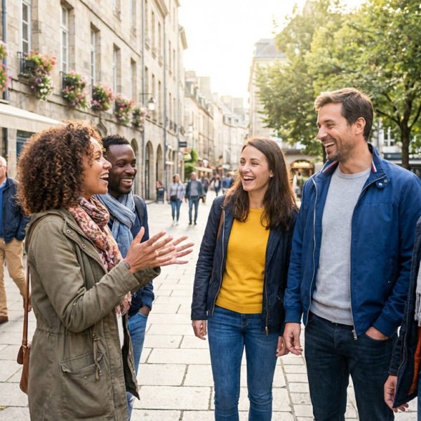 A diverse group of five friends laughing and conversing on a sunny European pedestrian street with charming buildings and greenery.