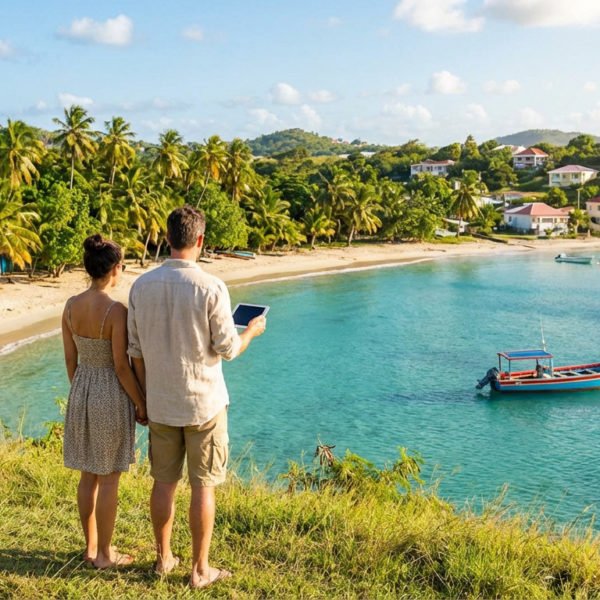 A couple stands on a grassy viewpoint overlooking a turquoise Martinique bay with a white sand beach, palm trees, a fishing boat, and colorful houses.