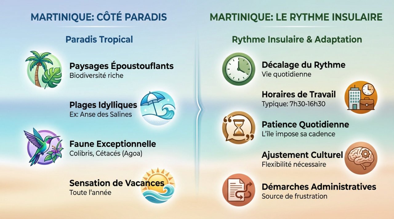 Panorama tropical de la Martinique illustrant le contraste entre beauté naturelle et réalité quotidienne