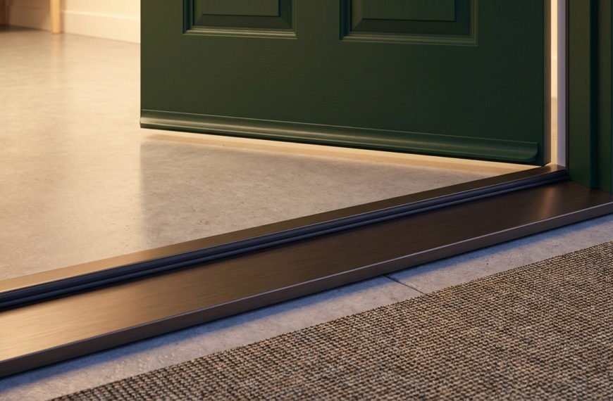 Low-angle view of a dark green front door with a new, brushed dark metal threshold and subtle weatherstrip. Warm interior light illuminates the concrete floor and doormat.