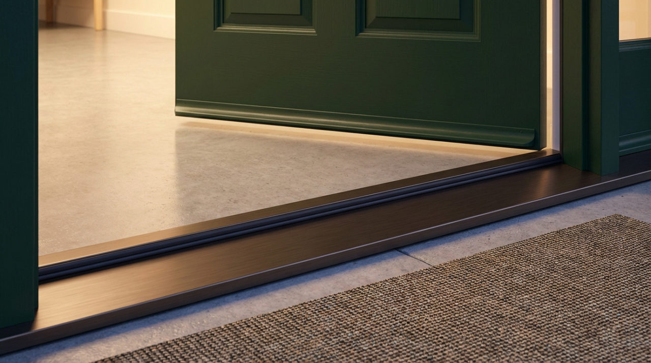 Low-angle view of a dark green front door with a new, brushed dark metal threshold and subtle weatherstrip. Warm interior light illuminates the concrete floor and doormat.