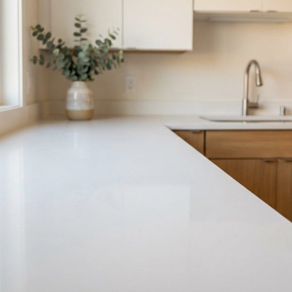 Close-up of a pristine, sleek white kitchen countertop reflecting natural light from a window. Modern kitchen with light wood cabinets and stainless steel sink in background.