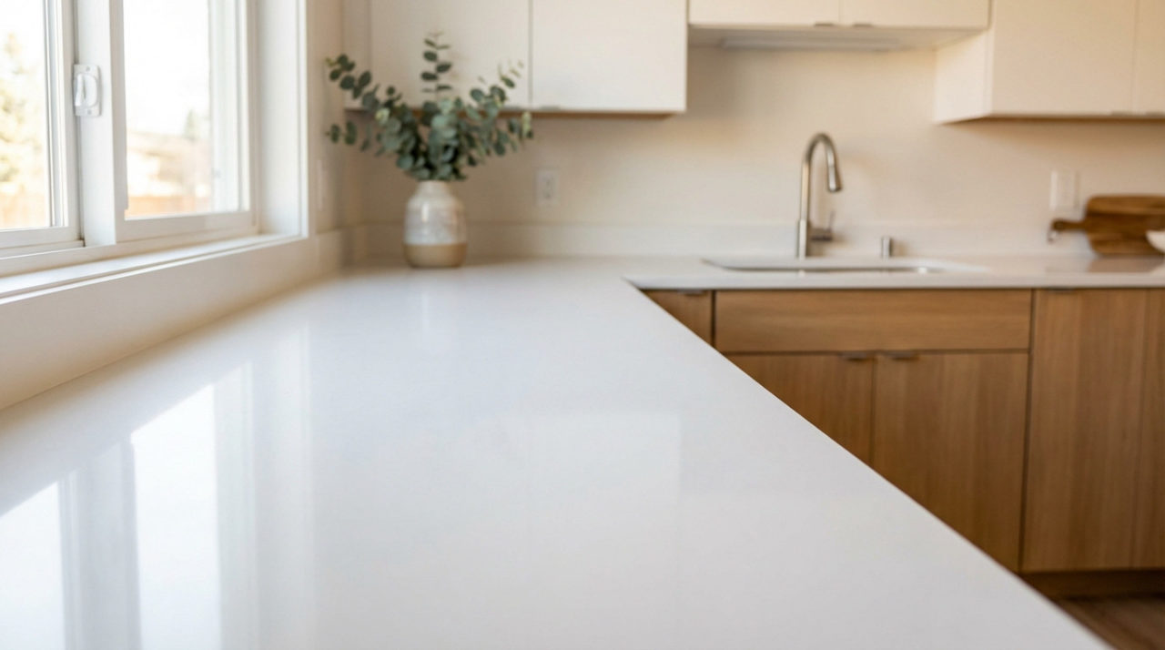 Close-up of a pristine, sleek white kitchen countertop reflecting natural light from a window. Modern kitchen with light wood cabinets and stainless steel sink in background.