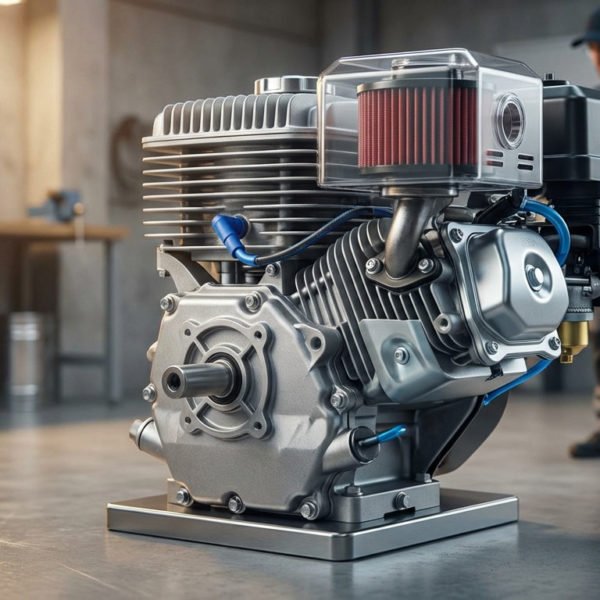 High-res image of a modern single-cylinder utility engine with cooling fins, clear air filter, metallic parts, blue accents in a workshop. Blurred technician observes.