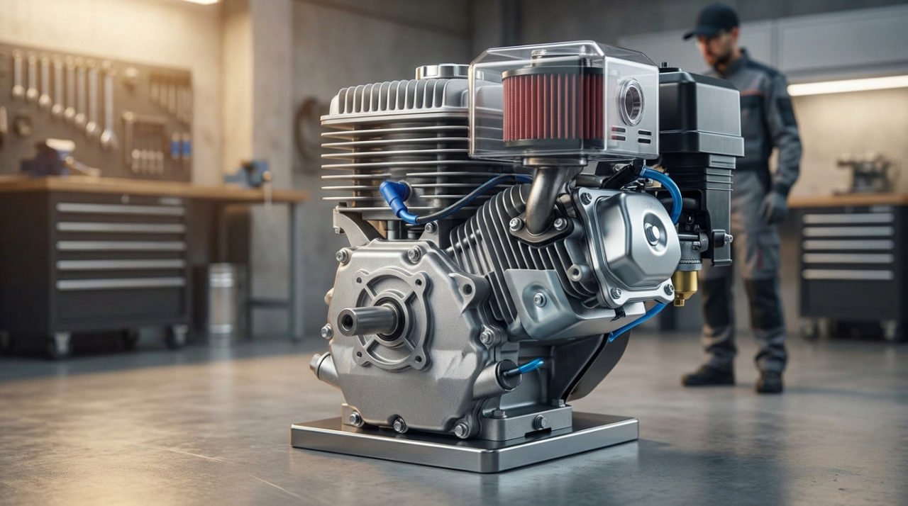 High-res image of a modern single-cylinder utility engine with cooling fins, clear air filter, metallic parts, blue accents in a workshop. Blurred technician observes.