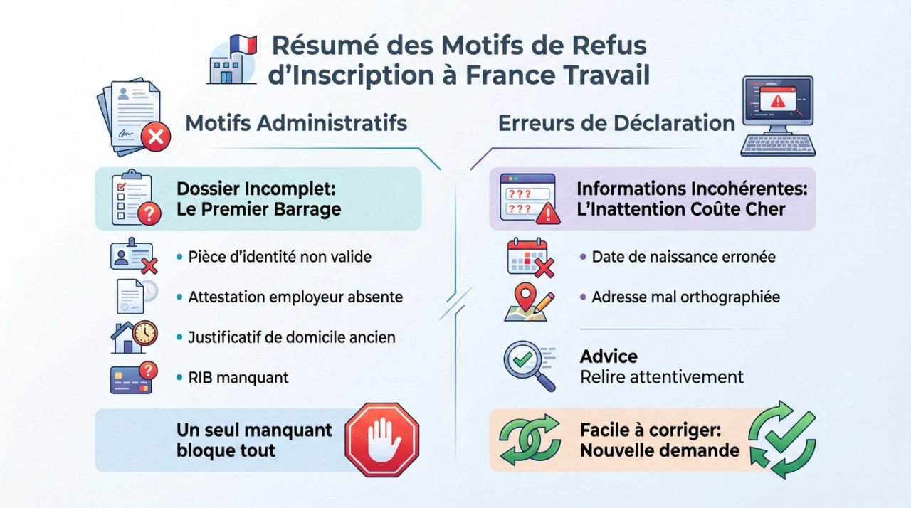 Motifs administratifs et erreurs courantes menant au refus d'inscription France Travail
