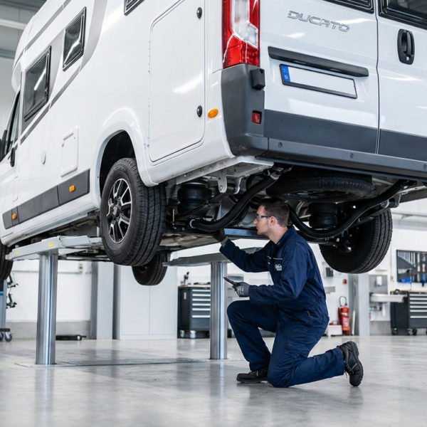 Technician inspects new air suspension on a Fiat Ducato motorhome elevated on a lift in a bright, professional workshop.