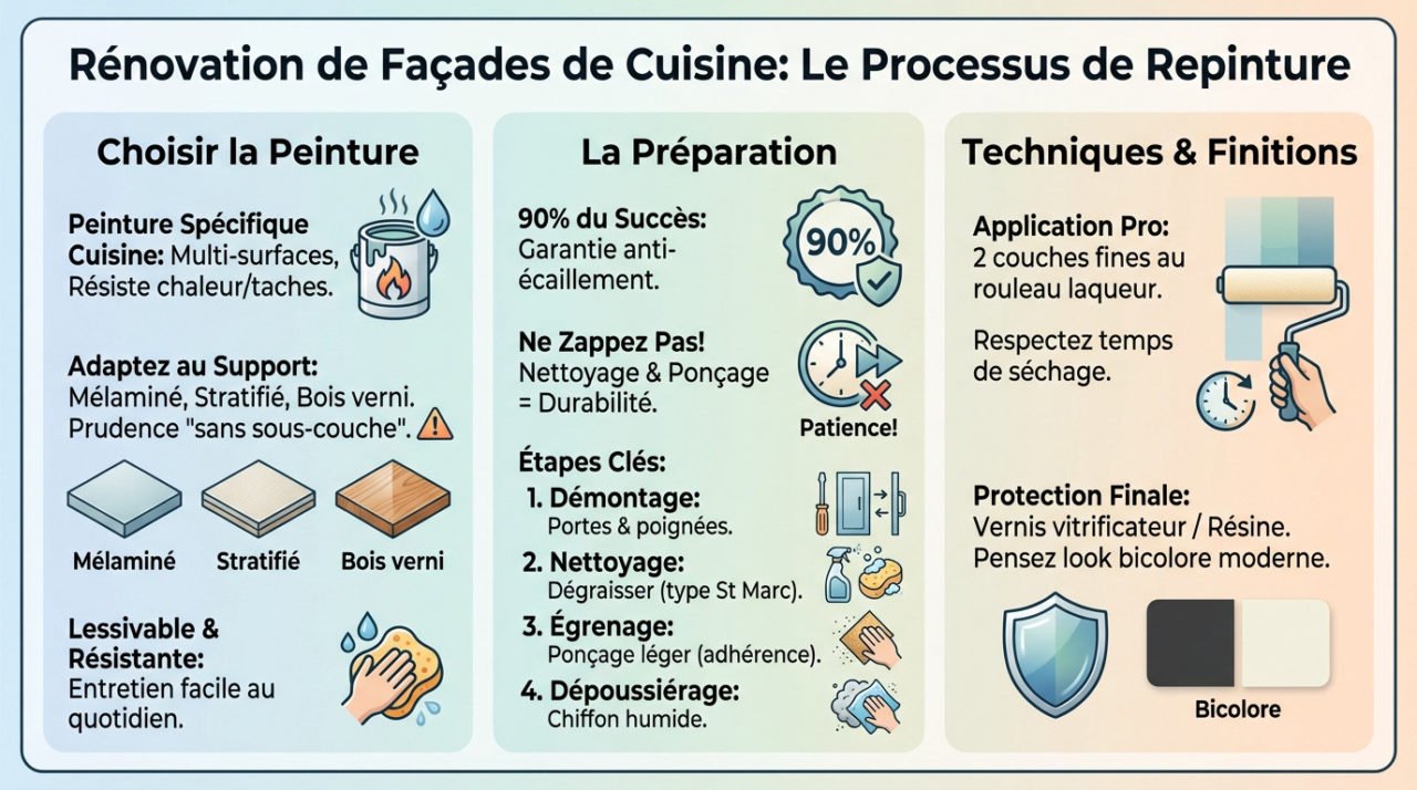 Application de peinture au rouleau sur une porte de placard de cuisine démontée