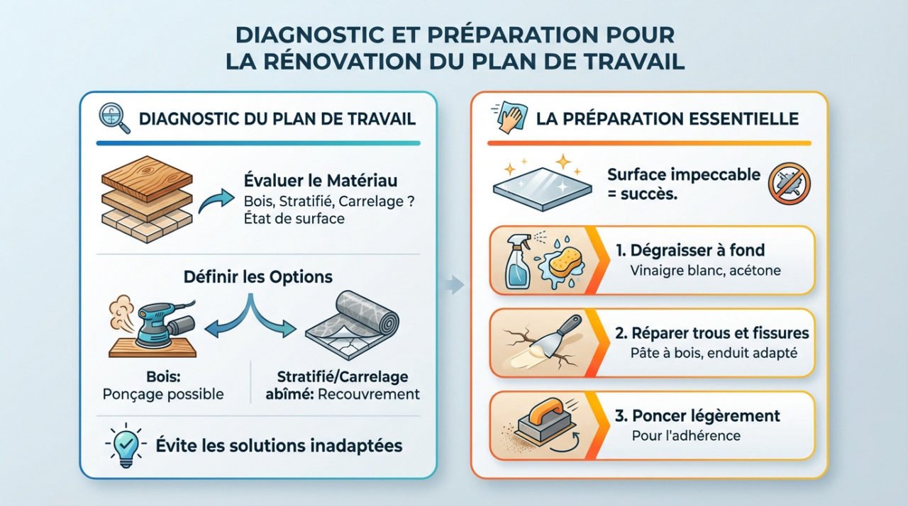 Préparation minutieuse d'un plan de travail de cuisine avant rénovation