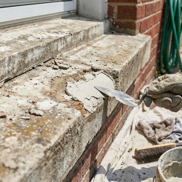 Close-up of gloved hands applying repair mortar to a damaged concrete window sill of a brick house, in bright daylight.